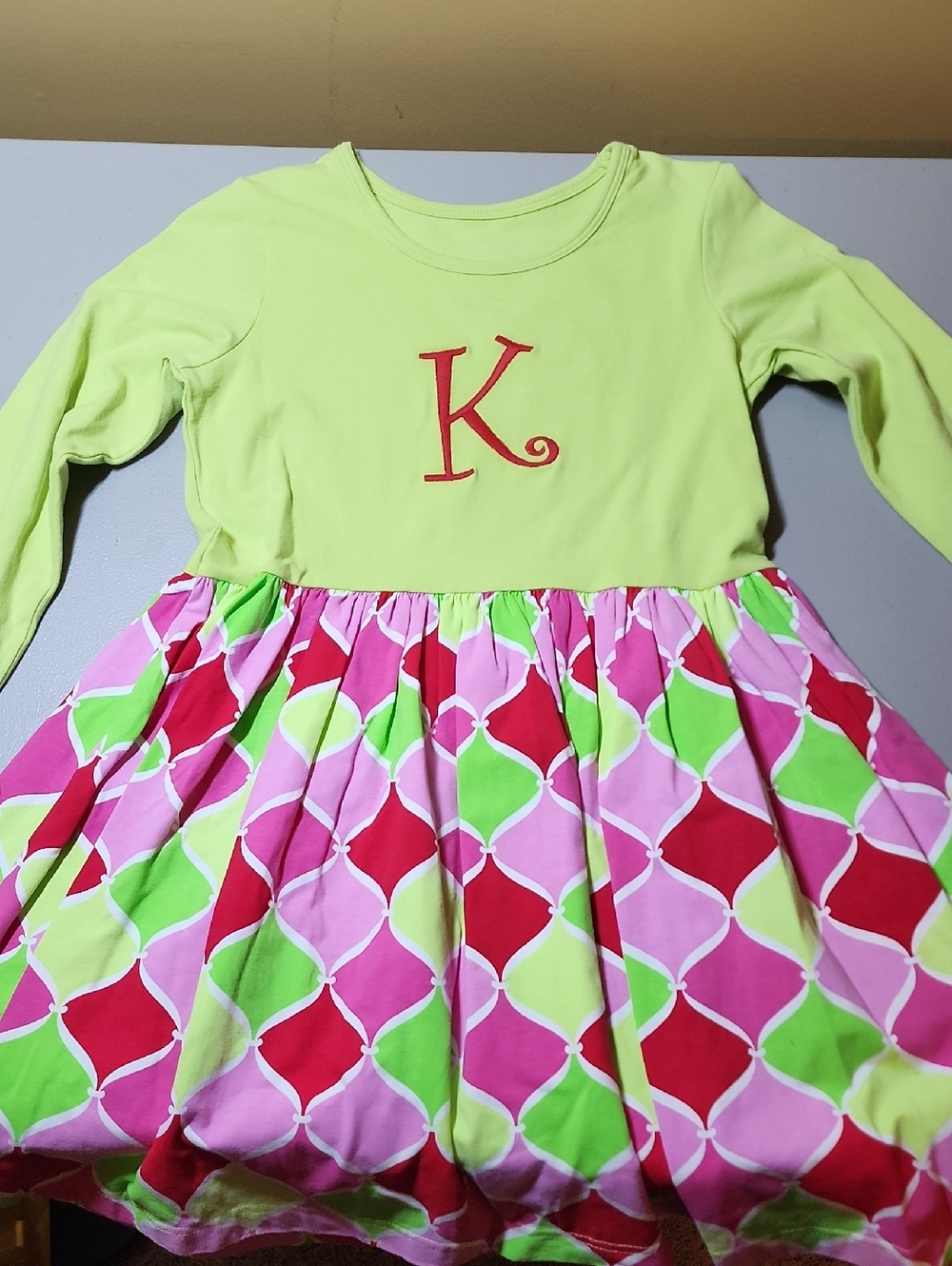 Girls Lime Green Long Sleeve Dress with Pink & Red Patterned Skirt